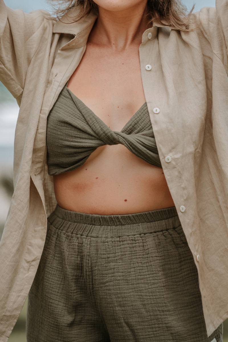 BRALETTE EN GAZE DE COTON VERT SAUGE ~ AWAN